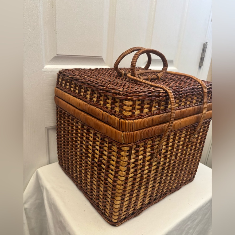 Woven Wicker Picnic Basket with Handles. 13x11x11” - Picture 2 of 13